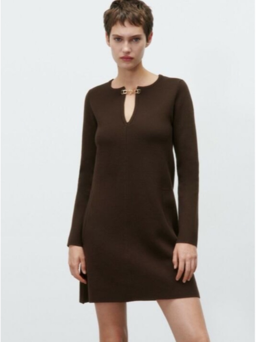 Zara Chain Keyhole Neck Long Sleeve Knit Dress Brown S Retro